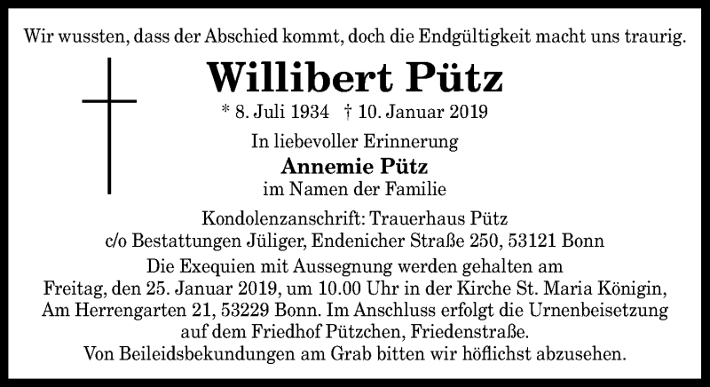  Traueranzeige für Willibert Pütz vom 19.01.2019 aus General-Anzeiger Bonn