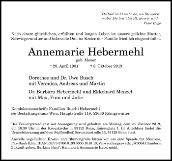 Anzeige von Annemarie Hebermehl von General-Anzeiger Bonn