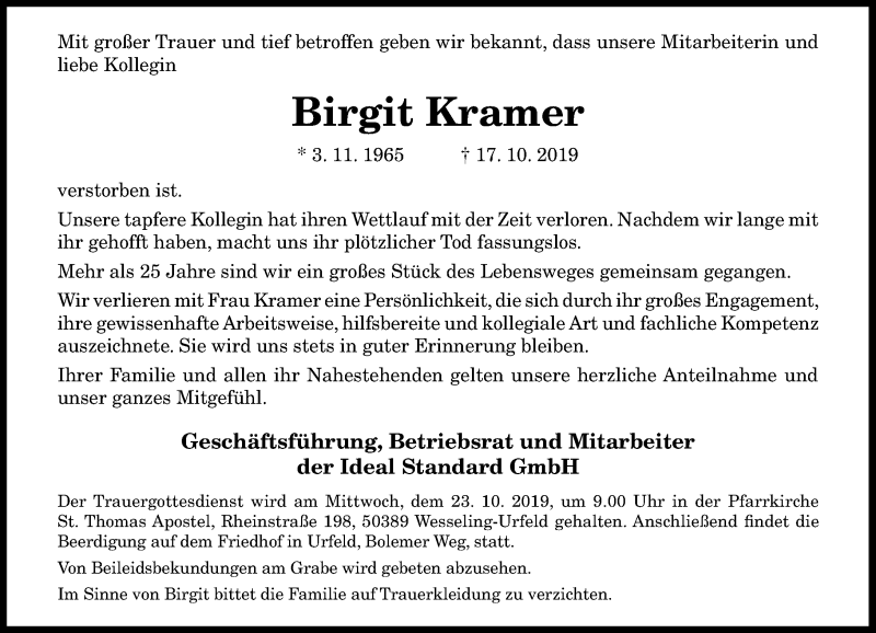  Traueranzeige für Birgit Kramer vom 22.10.2019 aus General-Anzeiger Bonn