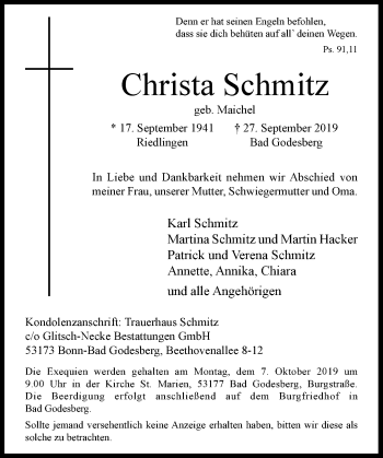 Anzeige von Christa Schmitz von General-Anzeiger Bonn