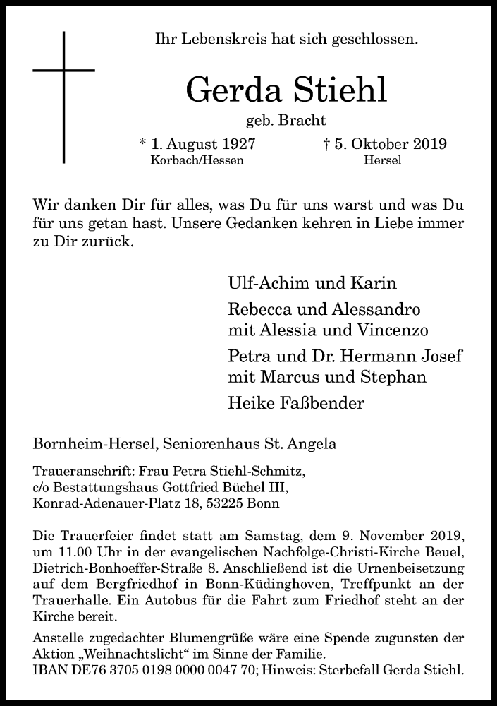 Traueranzeigen Von Gerda Stiehl | GA-Trauer.de