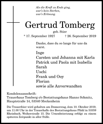 Anzeige von Gertrud Tomberg von General-Anzeiger Bonn