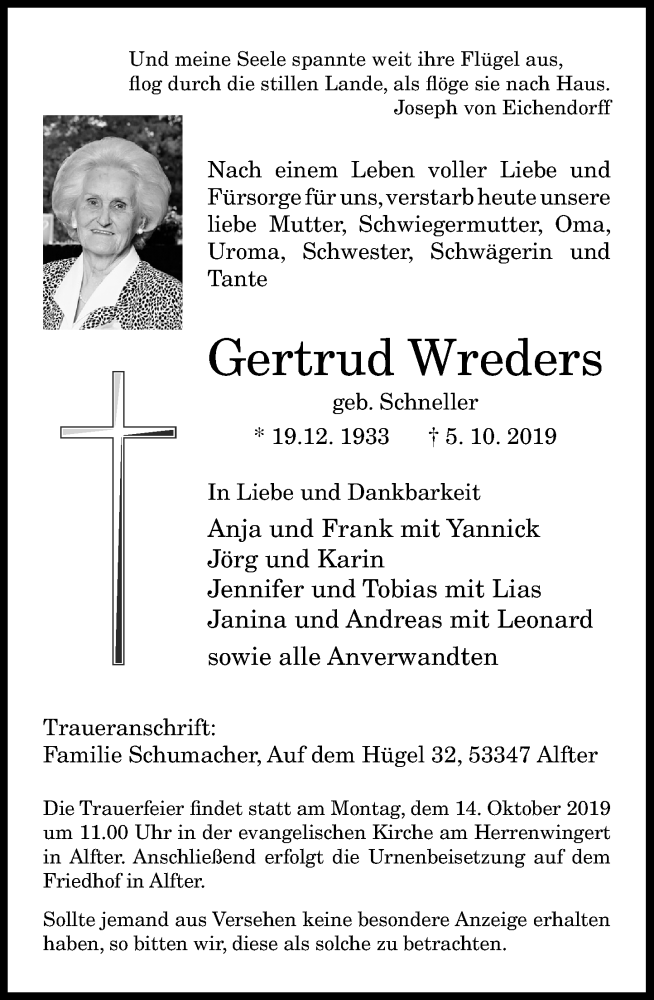  Traueranzeige für Gertrud Wreders vom 09.10.2019 aus General-Anzeiger Bonn