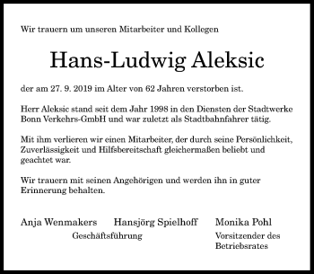 Anzeige von Hans-Ludwig Aleksic von General-Anzeiger Bonn
