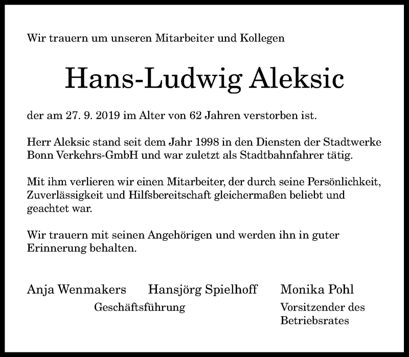  Traueranzeige für Hans-Ludwig Aleksic vom 12.10.2019 aus General-Anzeiger Bonn