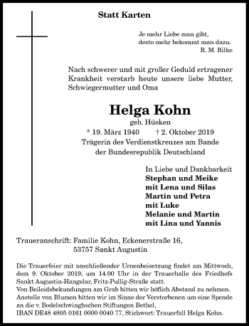 Anzeige von Helga Kohn von General-Anzeiger Bonn