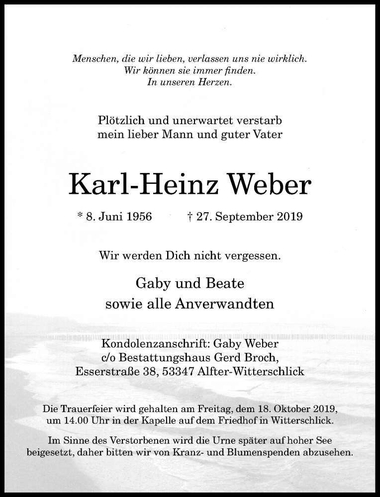  Traueranzeige für Karl-Heinz Weber vom 05.10.2019 aus General-Anzeiger Bonn