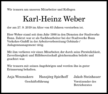 Anzeige von Karl-Heinz Weber von General-Anzeiger Bonn