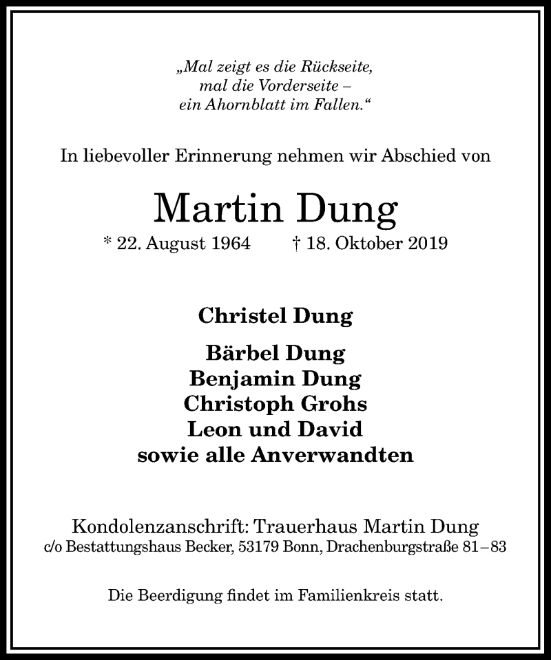  Traueranzeige für Martin Dung vom 26.10.2019 aus General-Anzeiger Bonn