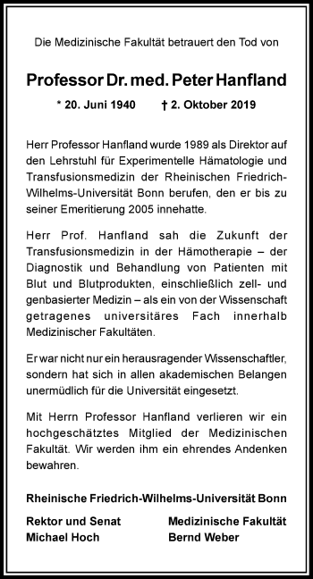 Anzeige von Peter Hanfland von General-Anzeiger Bonn