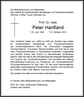 Anzeige von Peter Hanfland von General-Anzeiger Bonn