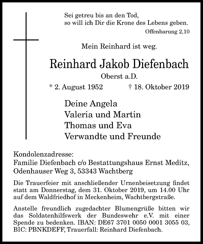  Traueranzeige für Reinhard Jakob Diefenbach vom 26.10.2019 aus General-Anzeiger Bonn