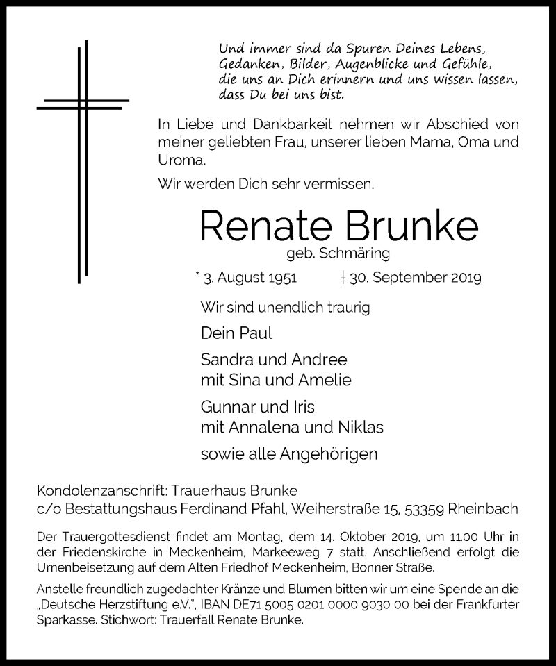  Traueranzeige für Renate Brunke vom 05.10.2019 aus General-Anzeiger Bonn