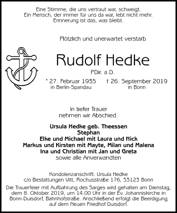 Anzeige von Rudolf Hedke von General-Anzeiger Bonn