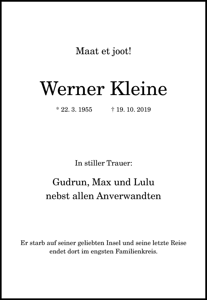  Traueranzeige für Werner Kleine vom 26.10.2019 aus General-Anzeiger Bonn