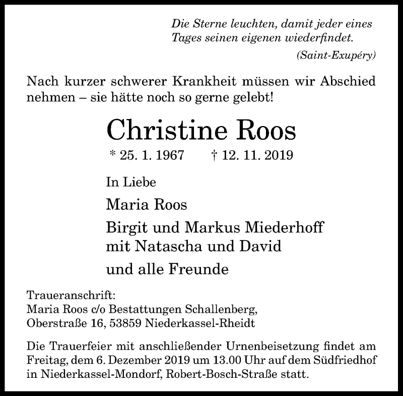 Traueranzeige für Christine Roos vom 30.11.2019 aus General-Anzeiger Bonn