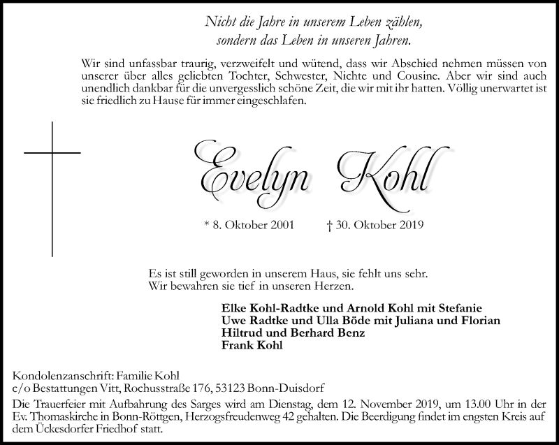  Traueranzeige für Evelyn Kohl vom 09.11.2019 aus General-Anzeiger Bonn