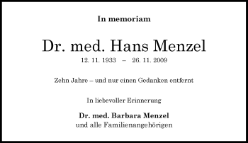 Anzeige von Hans Menzel von General-Anzeiger Bonn
