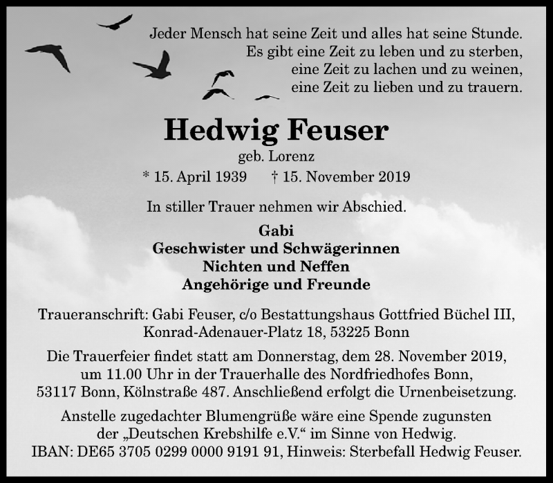  Traueranzeige für Hedwig Feuser vom 23.11.2019 aus General-Anzeiger Bonn