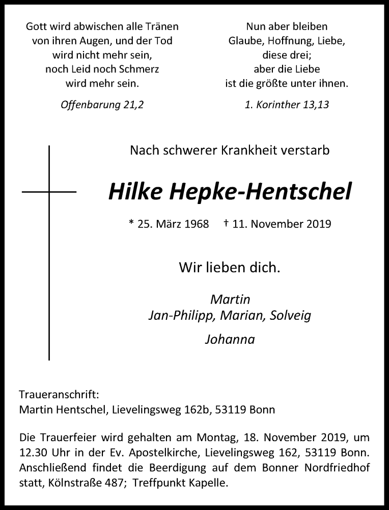  Traueranzeige für Hilke Hepke-Hentschel vom 16.11.2019 aus General-Anzeiger Bonn