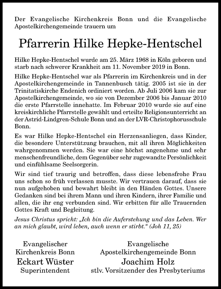  Traueranzeige für Hilke Hepke-Hentschel vom 16.11.2019 aus General-Anzeiger Bonn
