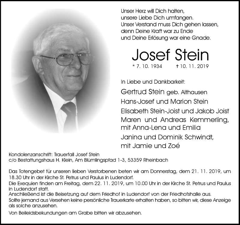  Traueranzeige für Josef Stein vom 16.11.2019 aus General-Anzeiger Bonn