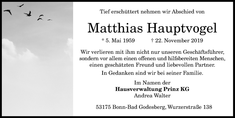  Traueranzeige für Matthias Hauptvogel vom 30.11.2019 aus General-Anzeiger Bonn