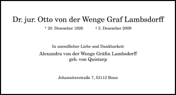 Anzeige von Otto von der Wenge Graf Lambsdorff von General-Anzeiger Bonn