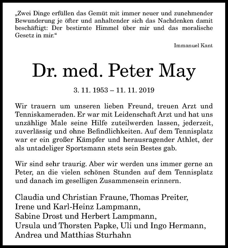  Traueranzeige für Peter May vom 30.11.2019 aus General-Anzeiger Bonn