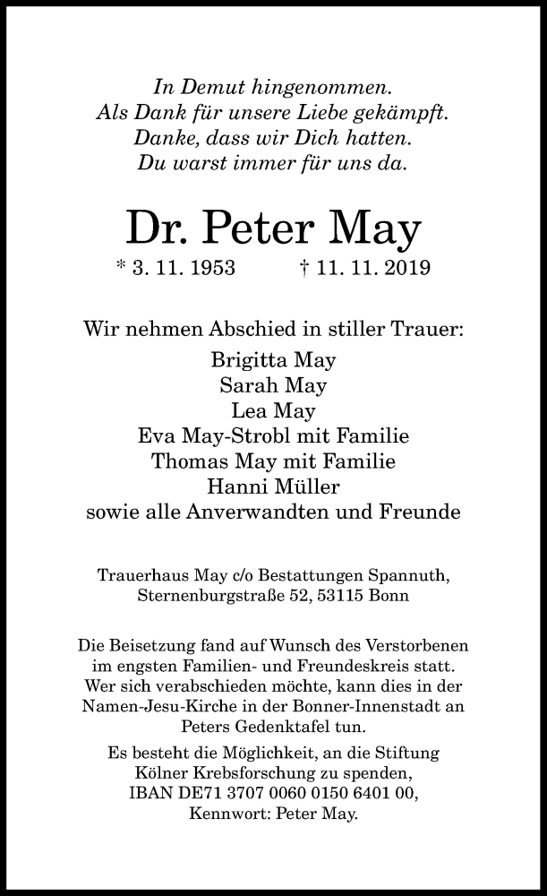 Traueranzeige für Peter May vom 23.11.2019 aus General-Anzeiger Bonn