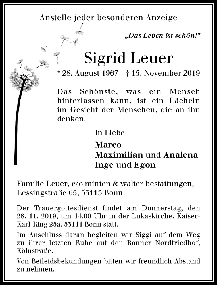  Traueranzeige für Sigrid Leuer vom 23.11.2019 aus General-Anzeiger Bonn