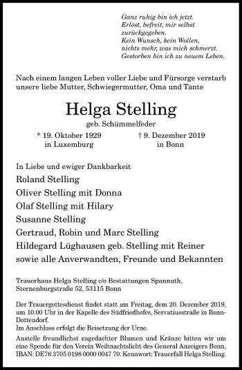 Anzeige von Helga Stelling von General-Anzeiger Bonn