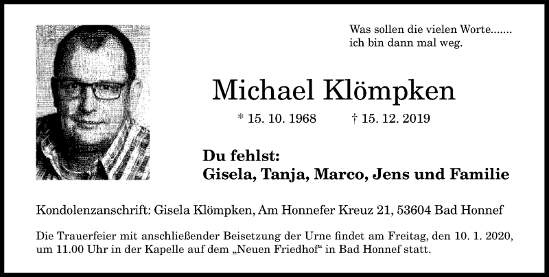  Traueranzeige für Michael Klömpken vom 21.12.2019 aus General-Anzeiger Bonn