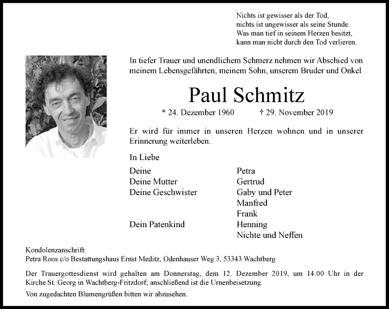  Traueranzeige für Paul Schmitz vom 07.12.2019 aus General-Anzeiger Bonn