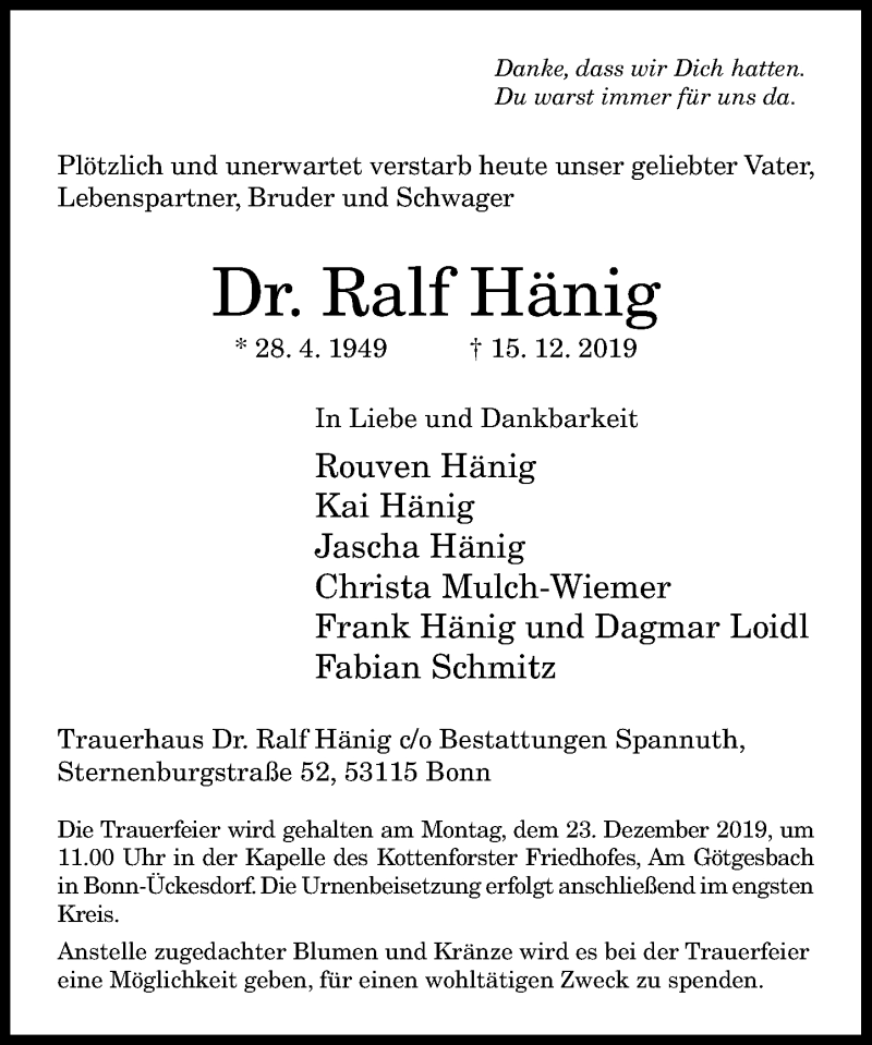  Traueranzeige für Ralf Hänig vom 19.12.2019 aus General-Anzeiger Bonn
