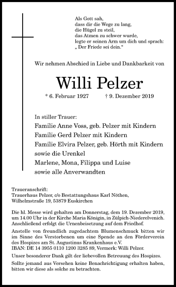 Anzeige von Willi Pelzer von General-Anzeiger Bonn