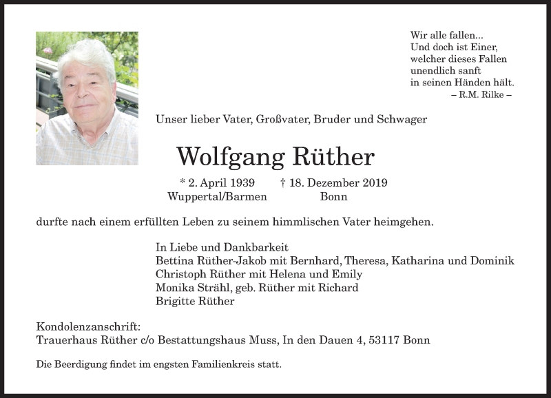  Traueranzeige für Wolfgang Rüther vom 21.12.2019 aus General-Anzeiger Bonn