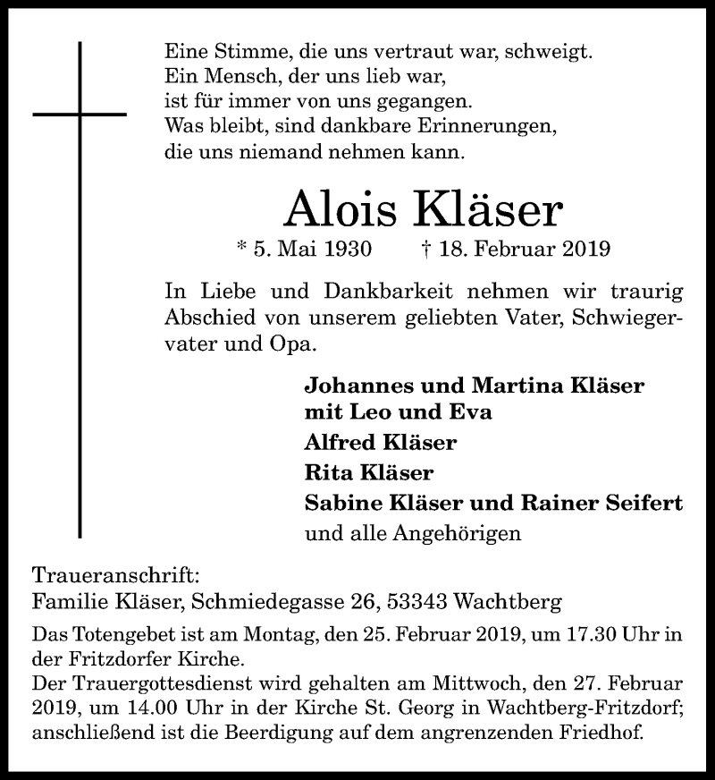  Traueranzeige für Alois Kläser vom 23.02.2019 aus General-Anzeiger Bonn