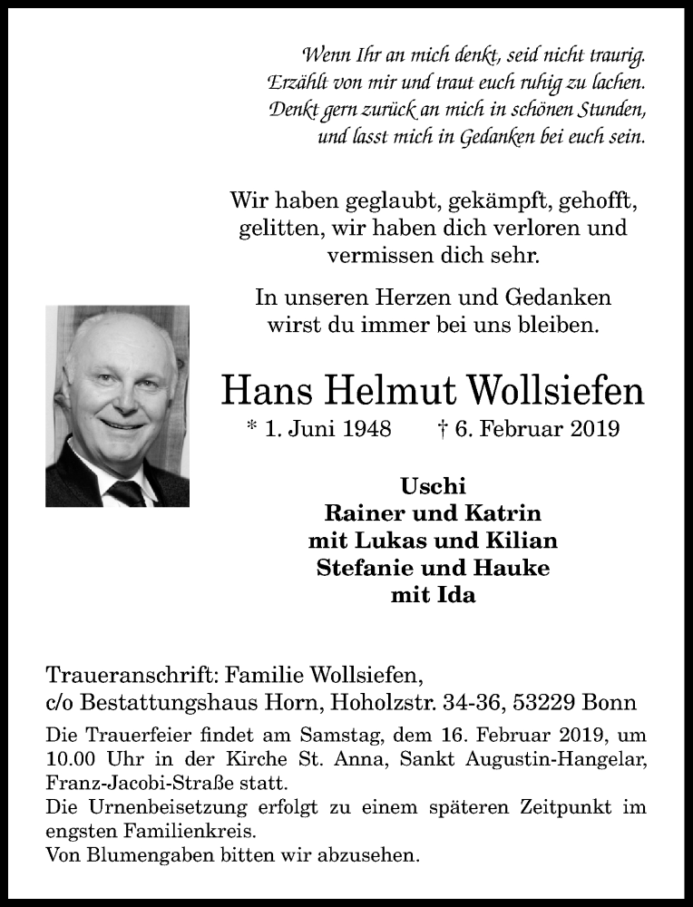  Traueranzeige für Hans Helmut Wollsiefen vom 12.02.2019 aus General-Anzeiger Bonn