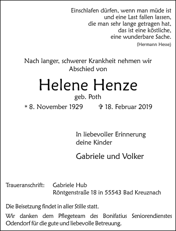 Anzeige von Helene Henze von General-Anzeiger Bonn