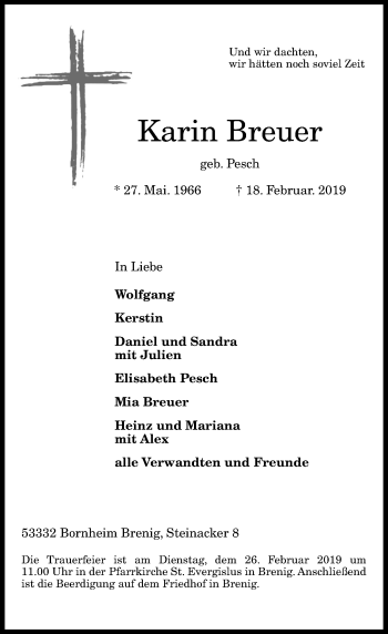 Anzeige von Karin Breuer von General-Anzeiger Bonn