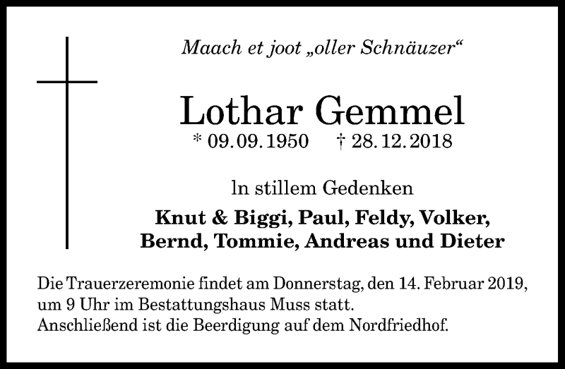  Traueranzeige für Lothar Gemmel vom 13.02.2019 aus General-Anzeiger Bonn