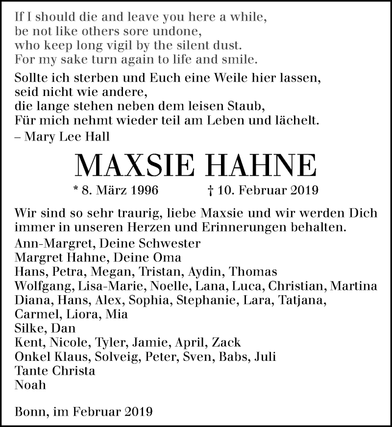  Traueranzeige für Maxsie Hahne vom 16.02.2019 aus General-Anzeiger Bonn