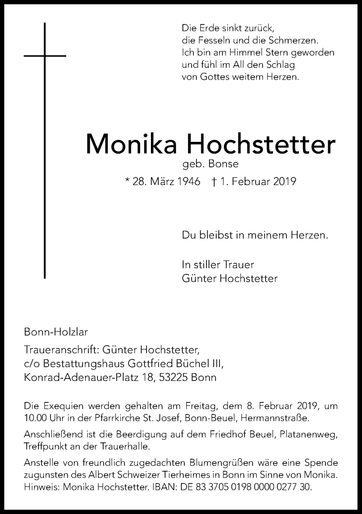  Traueranzeige für Monika Hochstetter vom 06.02.2019 aus General-Anzeiger Bonn