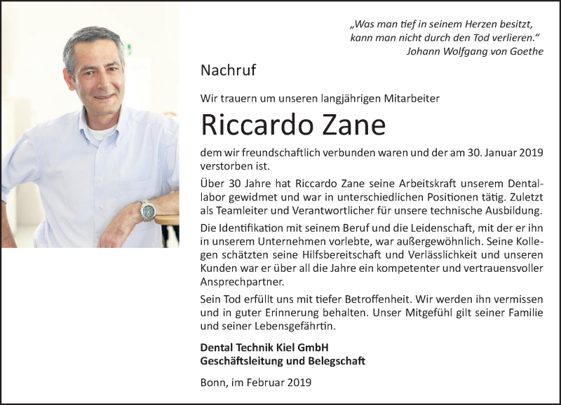  Traueranzeige für Riccardo Zane vom 16.02.2019 aus General-Anzeiger Bonn