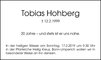 Anzeige von Tobias Hohberg von General-Anzeiger Bonn