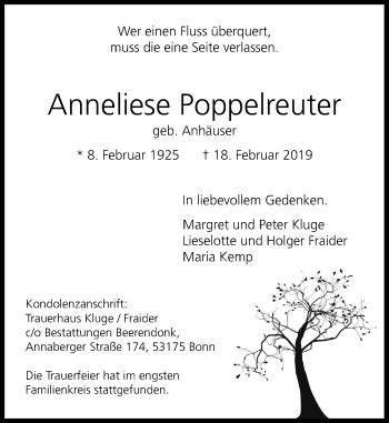 Anzeige von Anneliese Poppelreuter von General-Anzeiger Bonn