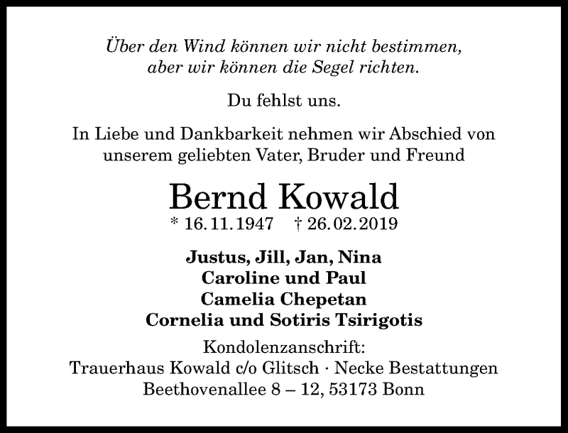  Traueranzeige für Bernd Kowald vom 09.03.2019 aus General-Anzeiger Bonn