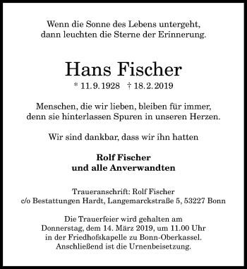 Anzeige von Hans Fischer von General-Anzeiger Bonn
