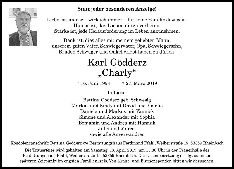  Traueranzeige für Karl Gödderz vom 30.03.2019 aus General-Anzeiger Bonn